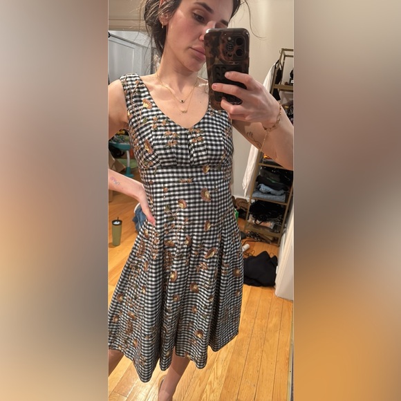 Vintage 100% Silk Embroidered Gingham Cottagecore Fit & Flare Dress - Picture 2 of 11